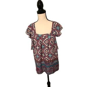 Anthropologie Meadow Rue Multicolor Short-Sleeve Geometric Print Blouse - Size 4